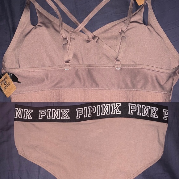 VS Pink Large Ultimate Strappy Lightly Lined Sports Bra & Panty NEW ICED COFFEE - Picture 3 of 16